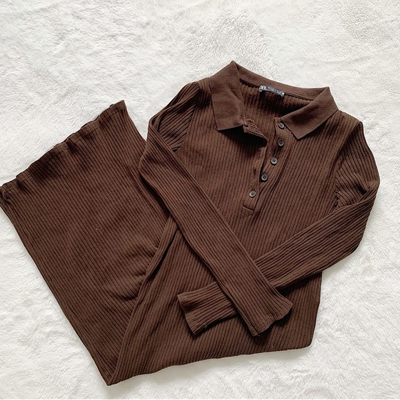 Zara Dresses & Skirts - ZARA | Brown ribbed collared dress